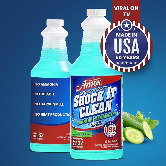 Professor Amos Shock It Clean MultiPurpose Cleaner Double Strength Concentrate All Purpose Carpet Jewelry Upholstery Leather Stain Remover &amp Floor Cleaner (Cucumber Melon 32 Oz)
