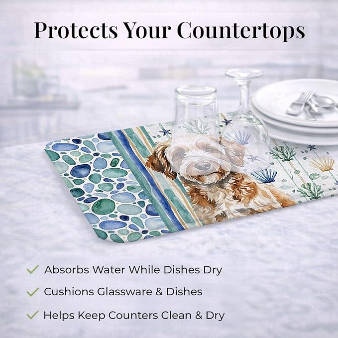 Caroline's Treasures Lagotto Romagnolo Coastal Sea Glass Dish Drying Mat Absorbent Dish Drying Mat Pad for Kitchen Counter Dish Drainer Mat for Countertop 14 x 21 Multicolor