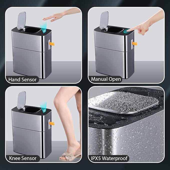 MOPUP Touchless Bathroom Trash Can 4 Gallon Narrow Metal Automatic Privacy Garbage CansMotion Sensor Trash Bin for BedroomOfficeToiletRV