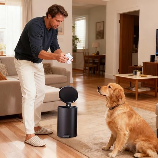 Trash Bin Waste Basket with Lid and Foot Pedal Stainless Shell Trash Can Slide-Out Inner Pail with Easy Clean Mechanism Waste Disposal Unit for Kitchen Bedroom Apartment Hotel Garage Dorm Car