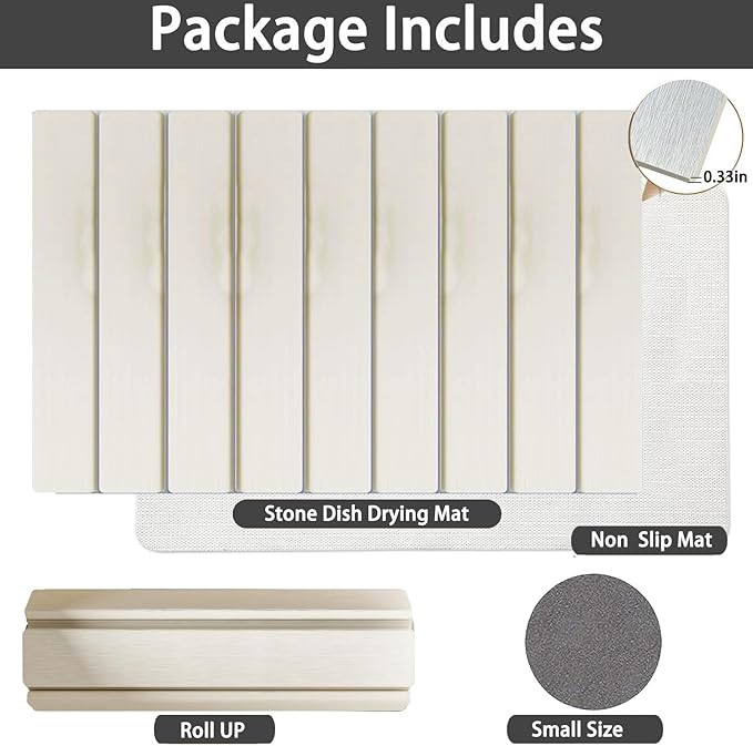 Stone dish drying mats for kitchen counter large 23.6L x 15.4W foldable diatomite dish stone drying mat quick dry extra fast absorbent roll up rack White/Black foldable stone dish drying mat