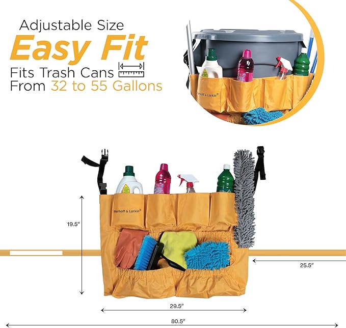 Trash Can Caddy Bag | Fits 32-55 Gallon Can | Brute &amp Uline Compatible | Heavy Duty Vinyl | Garbage Bin Apron | XL Commercial Size | Cleaning Caddy Organizer | Custodian &amp Janitorial Supplies