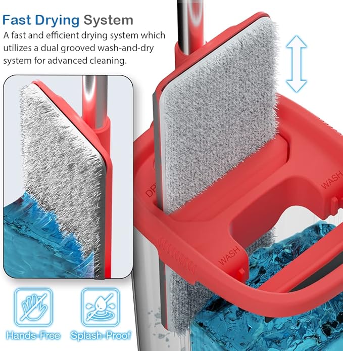 Tethys Flat Floor Mop and Bucket Set for Professional Home Floor Cleaning System with Aluminum Handle/2-Washable Microfiber Pads Perfect Home + Kitchen Cleaner for Hardwood Laminate Tiles Vinyl