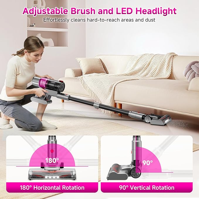 Cordless Vacuum Cleaner: Portable 6-in-1 Stick Vacuum with Anti-Tangle Brush LED Headlight Self-Standing HD Display Rechargeable Vacuum for Pet Hair Low-Pile Carpet and Hardwood Floor-Purple