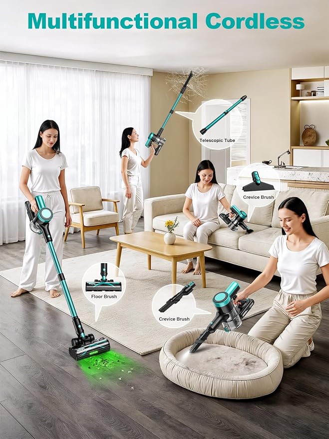 Cordless Vacuum Cleaner 58Kpa Vacuum Cleaners for Home 55Mins Stick Vacuum with Self-Standing &amp LED Display Anti-Tangle &amp Wall Mount Charging (Cyan)