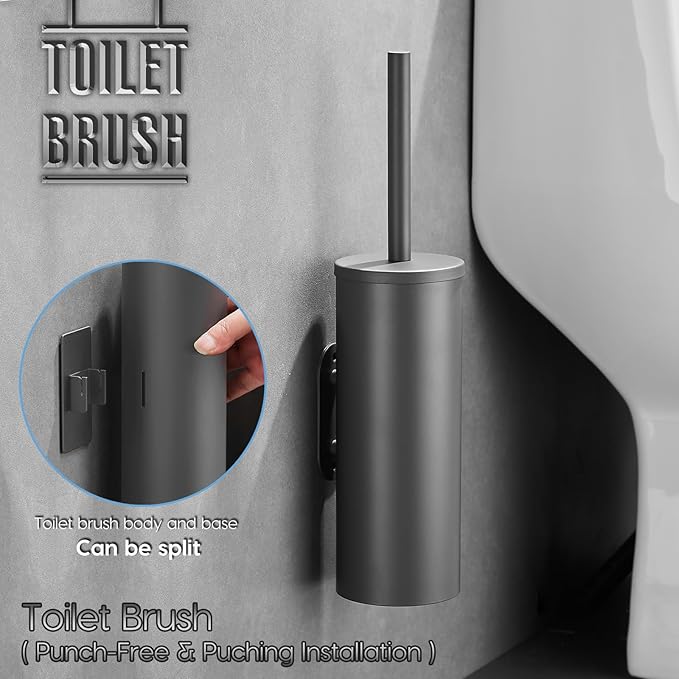 Stainless Steel Toilet Brush and Holder Set No-Punch Hook Base Dual Purpose Toilet Brush Holder with Removable Inner Bucket and Splash Cover - Soft Bristles (Gray)