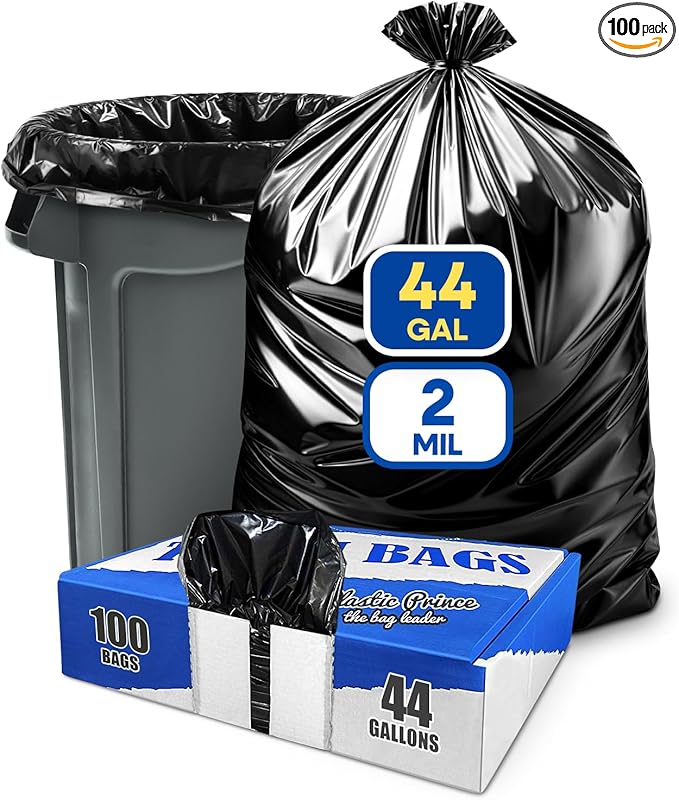 40-45 Gallon Trash Bags 2 Mil Heavy Duty Large Black Garbage Bags Fit Rubbermaid Brute Rollout Round 32-44 gal Trash Cans Liners Pack of 100