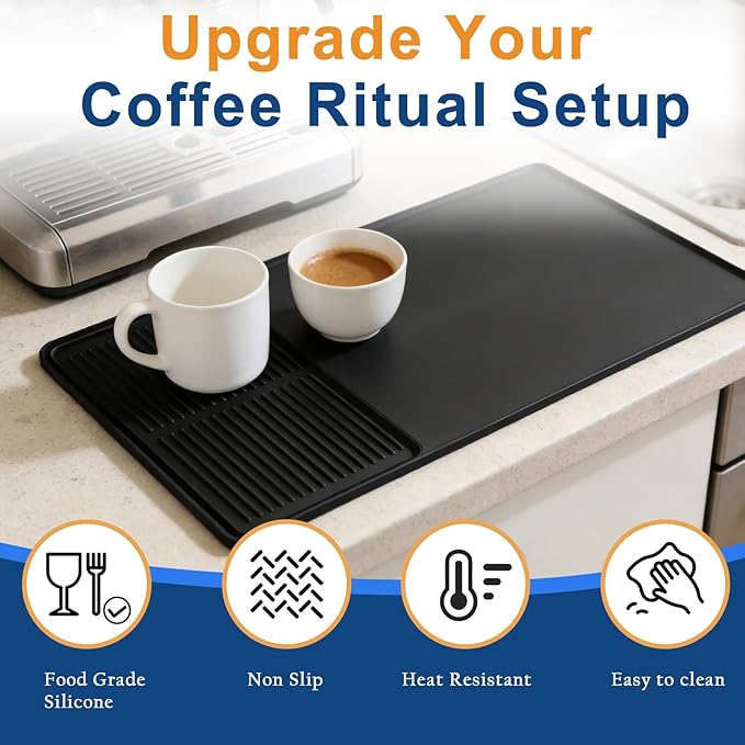 Mrcrypos Silicone Coffee Mat 16X24in Black - Non-Slip Espresso Countertop Mat Spill Proof Coffee Bar Mat for Kitchen Station with Detachable Dish Drying Mats Fit Cafes &amp Office Countertops