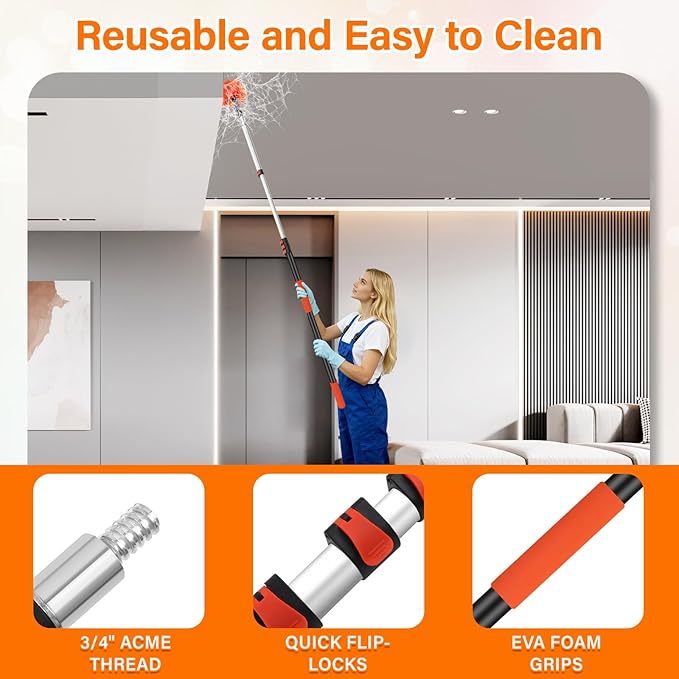 30FT High Reach Duster Cleaning Kit with 24FT Pole | 4-in-1 Tool Set with Universal Swivel Joint | High Ceiling Fan Cleaner Microfiber Duster &amp Window Squeegee for Safe High-Reach Cleaning