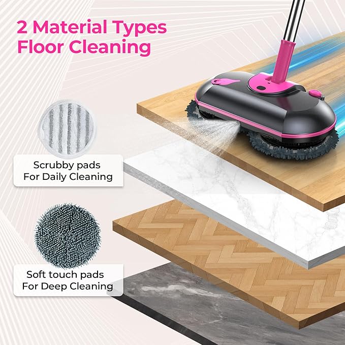 ScrubWiz Cordless Electric Spin Mop with Water Sprayer 300ml Tank Self-Propelled Floor Cleaner for Hardwood &amp Tile Quiet Cleaning Adjustable Handle 2500mAh Long-Lasting Battery Pink