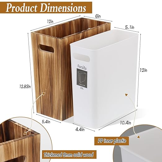 3 Gallon Wooden Trash Can with Liner Small Solid Wood Waste Basket with Handles Trash Can Narrow Garbage Decorative Wastebasket for Bedroom Bathroom Kitchen Living Room Office Decorative