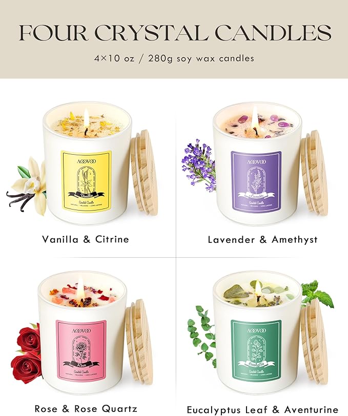 AOOVOO Rose/Vanilla/Eucalyptus/Lavender Scented Candles for Women - Aromatherapy Candle with Crystals Inside 40oz Soy Candles for Home Scented Birthday Gifts Mothers Day Candle for Women Mom