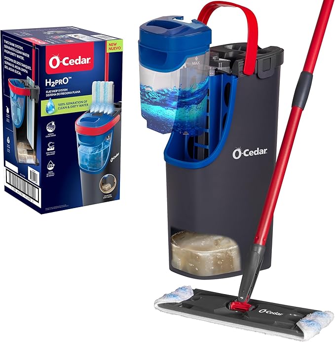 O-Cedar H2prO Flat Mop System | Quick Cleaning Tool | Clean with Water | Machine Washable Reusable Microfiber Mop Pad | Safe on Wood Floors Vinyl Tile Baseboards Walls