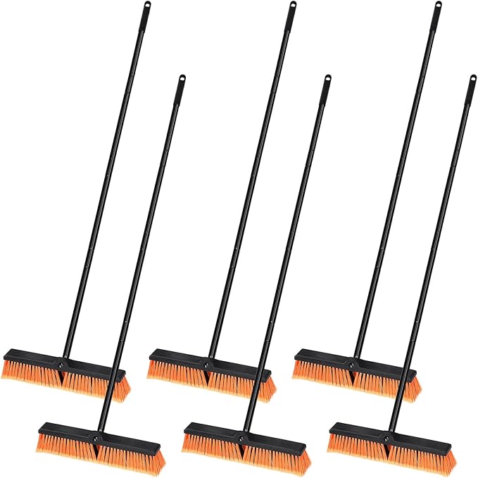 Zhehao 6 Pack 18 Inches Push Broom Outdoor Multi Surface Garden Brush Broom with Adjustable 63 Long Handle for Deck Driveway Patio Warehouse Garage Yard Concrete Floor Cleaning (Orange)