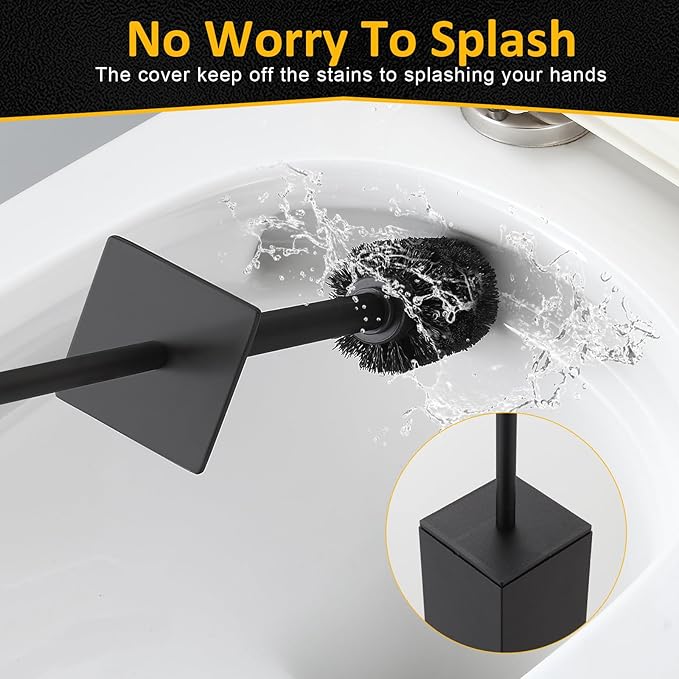 Toilet Brush and Holder Floor Standing Black with 2 Replaceable Heads Bathroom Toilet Brush Freestanding Toilet Bowl Brush with Removable Liner and Splash Guard Modern Square Design