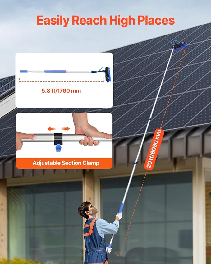 VEVOR Water Fed Pole Kit 20FT Solar Panel Cleaning Pole with Extendable Handle 180° Rotatable Brush Head &amp 65.6FT Hose Household &amp Outdoor Window Cleaner Tool for Caravan Solar Panel Deck