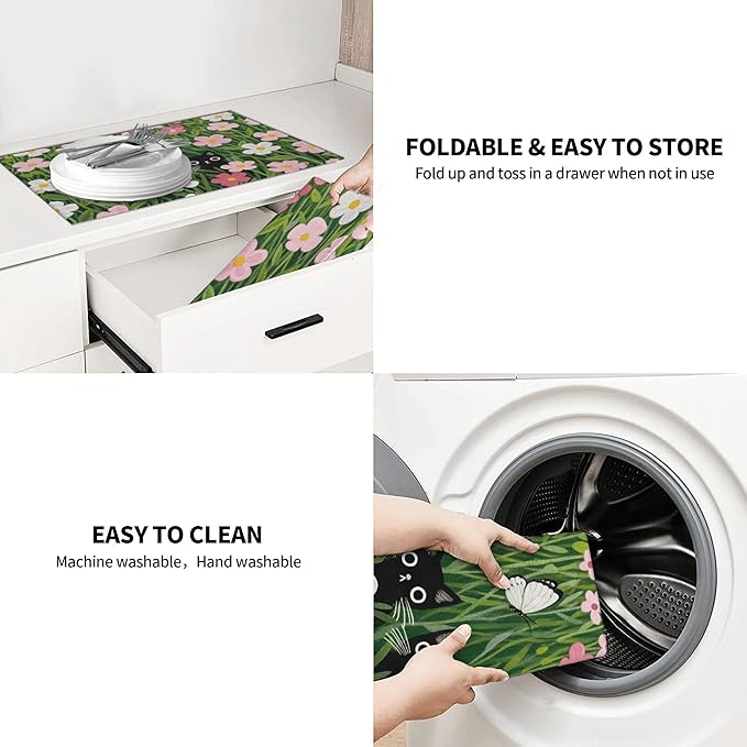 Pink Floral Cat Dish Drying Mat for Kitchen Counter 18x24 Microfiber Absorbent Fast Dry Mat 2Pcs Dish Mat Faucet Mats Sets Large Drying Kitchen Mat Kitchen Drying Pad Coffee Bar Decor Gifts
