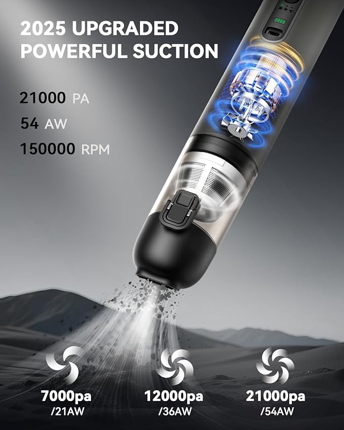 Car Vacuum Handheld Vacuum Cordless with 21000Pa Powerful Suction &amp 3 Modes 4-in-1 Portable Hand Held Mini Vacuum Cleaner Rechargeable Ultra Light for Car Home Office (Silver)