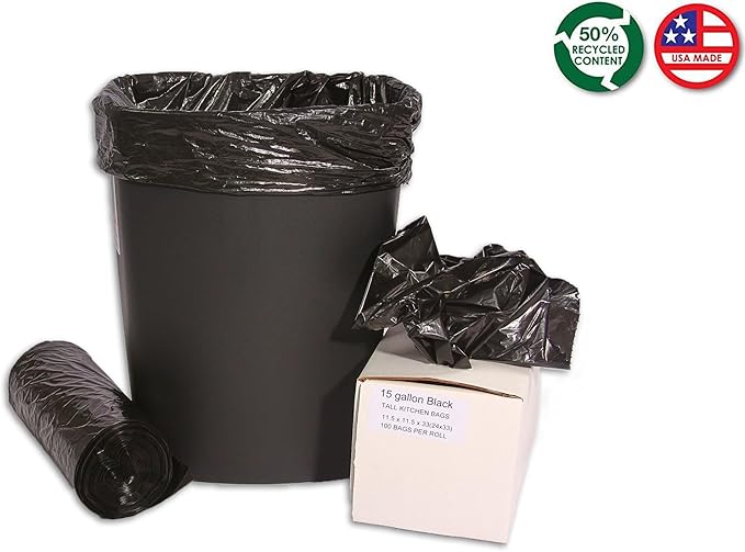 RESILIA Tall 15 Gallon Trash Bags - Black Recycling 100 Bags/Roll 1 Mil 0.001 Inch Thick 24x33 inches (WxH) Wire Ties Included MADE IN USA