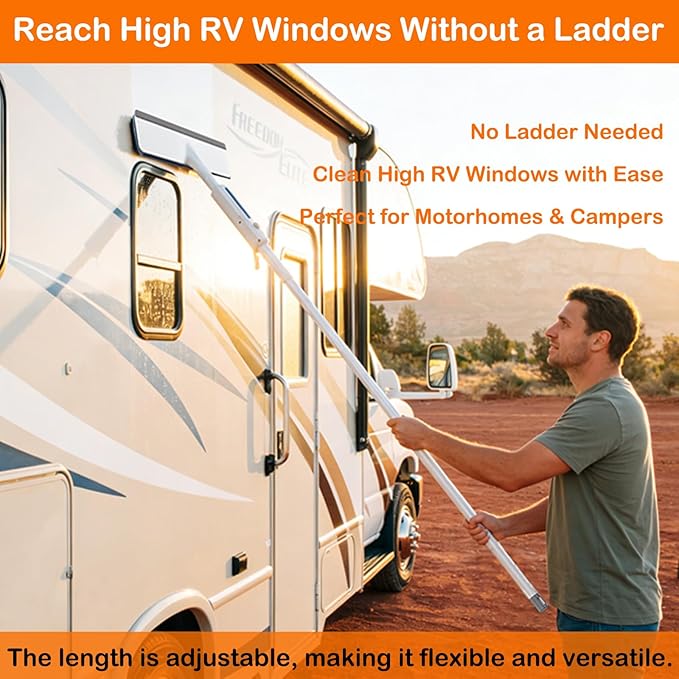 RV Window Cleaning Squeegee with Spray Max 73.3 Handle Motorhome &amp Camper Exterior Glass Cleaner 3-in-1 Spray Mop for High Windows Home &amp Car