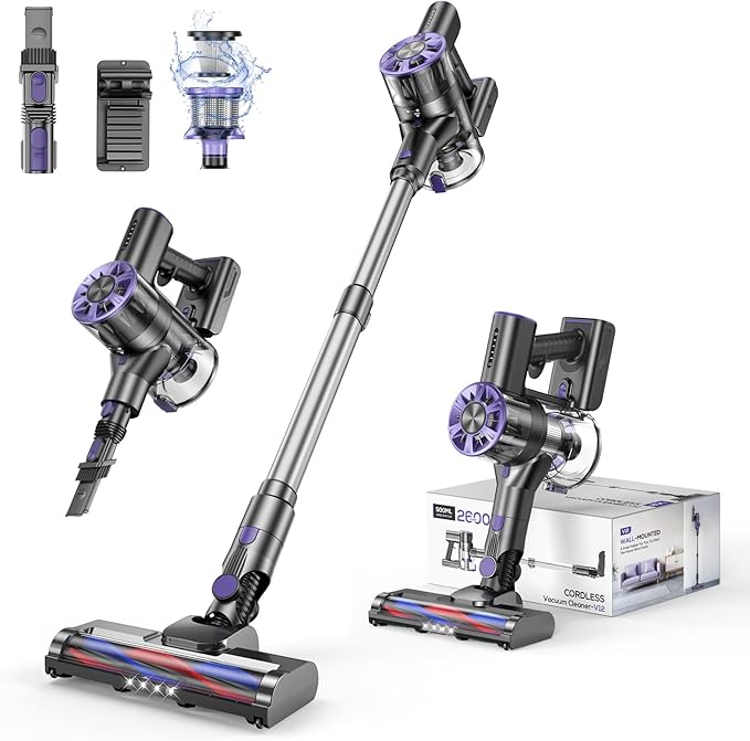 Cordless Vacuum Cleaner for Home 80000PRM Powerful 4 in 1 Lightweight Stick Vacuum with 2 Adjustable Suctions 2600mAh Rechargeable Vacuum CleanersMax 40 Mins Runtime (Deep Purple)