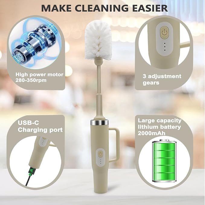 5 in 1 Electric Bottle Brush Cleaner Compatible Stanley Bottle Brush Straw Cleaner Multifunction Rechargeable IPX6 Waterproof Extra Long Design for Stanley Cup Sports Bottle and More (Beige)