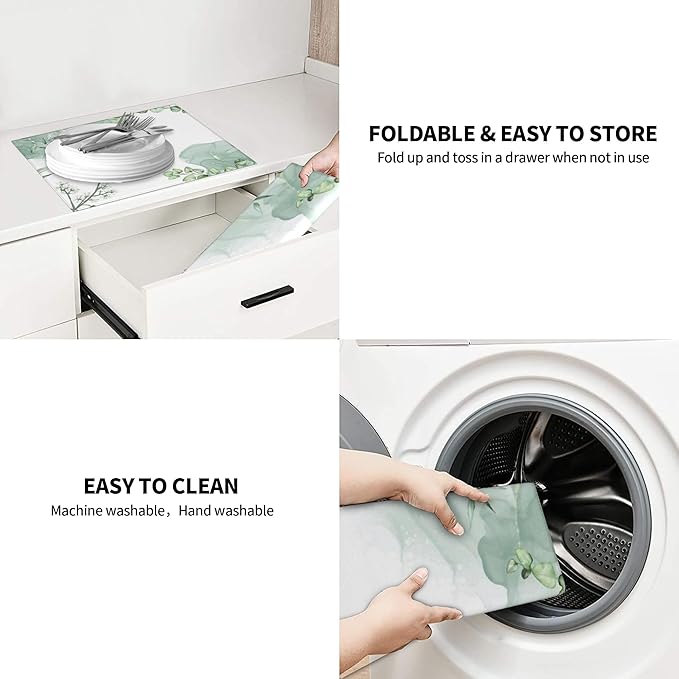 Watercolor Green Leaf Floral Dish Drying Mat for Kitchen Counter 16x18 Microfiber Absorbent Fast Dry Mat 2Pcs Dish Mat Faucet Mats Sets Large Drying Kitchen Mat Kitchen Drying Pad