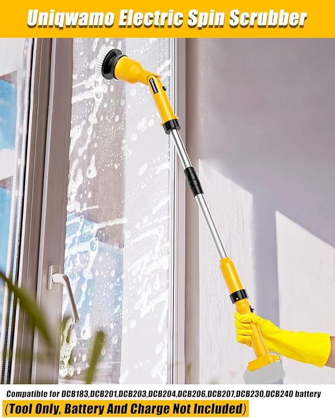 Electric Spin Scrubber Compatible for DeWalt 20V Battery(Battery NOT Included) 1000 RPM Battery Powered Scrubber with Adjustable Extension Arm &amp 8 Brushes &amp Hook Gloves for Tub/Tile/Floor