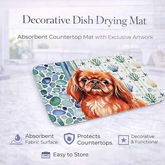 Caroline's Treasures Red Pekingese Coastal Sea Glass Dish Drying Mat Absorbent Dish Drying Mat Pad for Kitchen Counter Dish Drainer Mat for Countertop 14 x 21 Multicolor