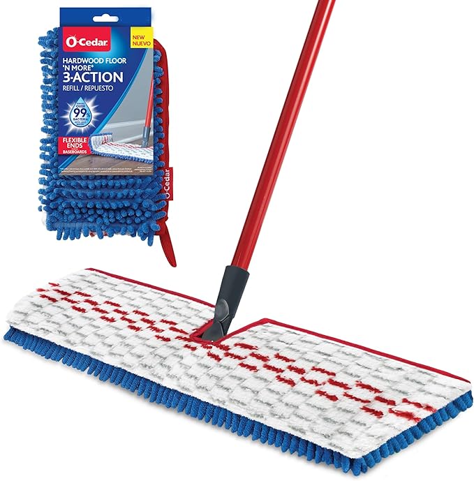 O-Cedar Hardwood Floor 'N More 3-Action Mop with 1 Extra Refill | Microfiber Mop with 3pc Handle | Use Wet or Dry Red