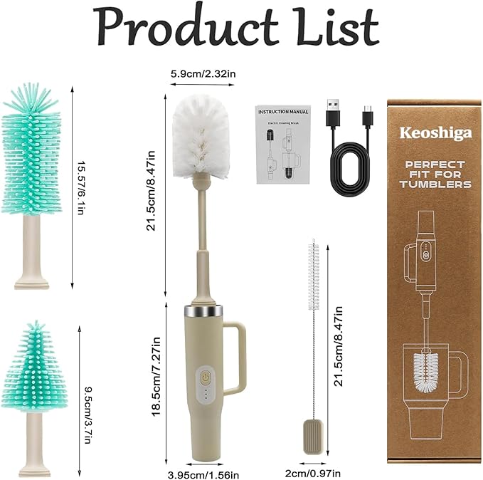 5 in 1 Electric Bottle Brush Cleaner Compatible Stanley Bottle Brush Straw Cleaner Multifunction Rechargeable IPX6 Waterproof Extra Long Design for Stanley Cup Sports Bottle and More (Beige)