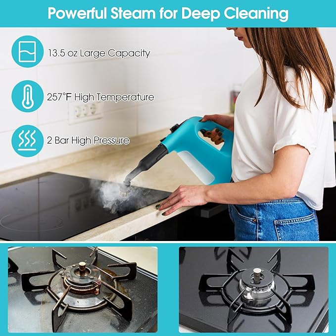 S AFSTAR Handheld Steam Cleaner 1400W Pressurized Steamer with 14-Piece Accessories &amp Child Lock Multipurpose Portable Steamshot Steam Mop for Cleaning Kitchen Floor Sofas Car Windows (Blue)
