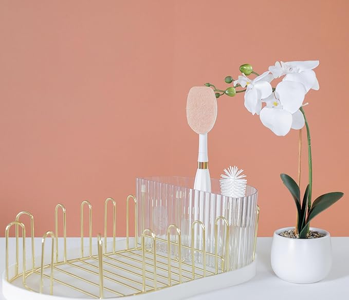 Spristle Wand Starter Set by Winnie &amp Lu – Premium Dish Wand &amp Bottle Washer Set Interchangeable Sponge Silicone Bristle Head Eco-Friendly Cleaning (White &amp Gold)