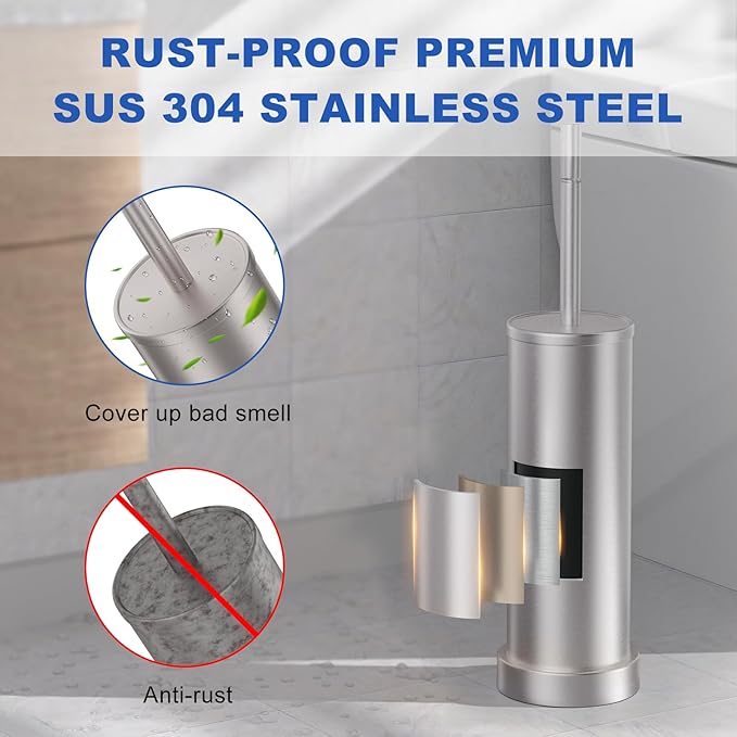Brushed Nickel Toilet Brush and Holder Set 304 Stainless Steel Toilet Brush for Bathroom Heavy Duty Toilet Bowl Brush with Holder Removable Inner Bowl and Splash Protection Long Handle