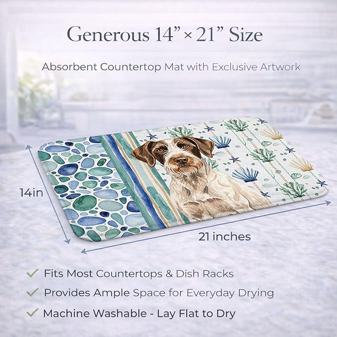 Caroline's Treasures Liver and White German Wirehaired Pointer Coastal Sea Glass Dish Drying Mat Absorbent Dish Drying Mat Pad for Kitchen Counter Dish Drainer Mat for Countertop 14 x 21 Multicolor