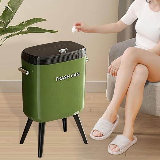 Garbage Can with Legs Dustbin High Foot 15L Large Capacity Household No Bending Wastebasket for Office Bedroom Kitchen Toilet Green