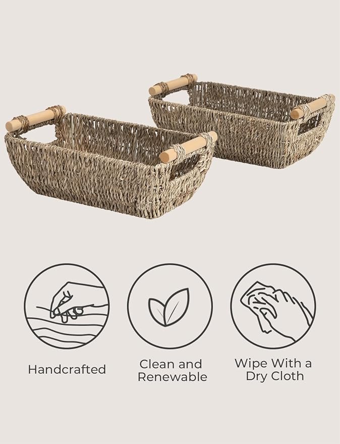 StorageWorks Small Baskets for Shelf Seagrass Woven Basket with Wooden Handles for Gifts 2-Pack
