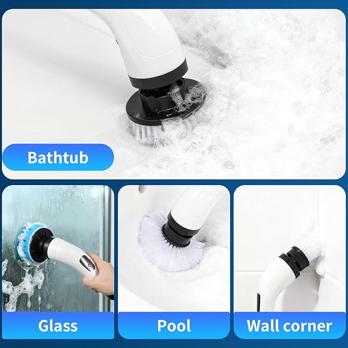 Rechargeable Electric Spin Scrubber Waterproof Power Cleaner with 7 Brush Heads1 Window Squeegee2 Speeds Adjustable Long Handle for Bathroom Floor Shower Tile &amp Kitchen Cleaning (White)