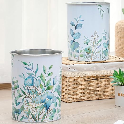 LemonRoad 2 Pack Eucalyptus Leaves Wastebasket Metal Trash Can Small Decorative Garbage Can for Bedroom Bathroom Nursery Daycare Kitchen Laundry Room Offices Home 1.50 Gallons 7.7 x 7.7 x 9.4 Inches