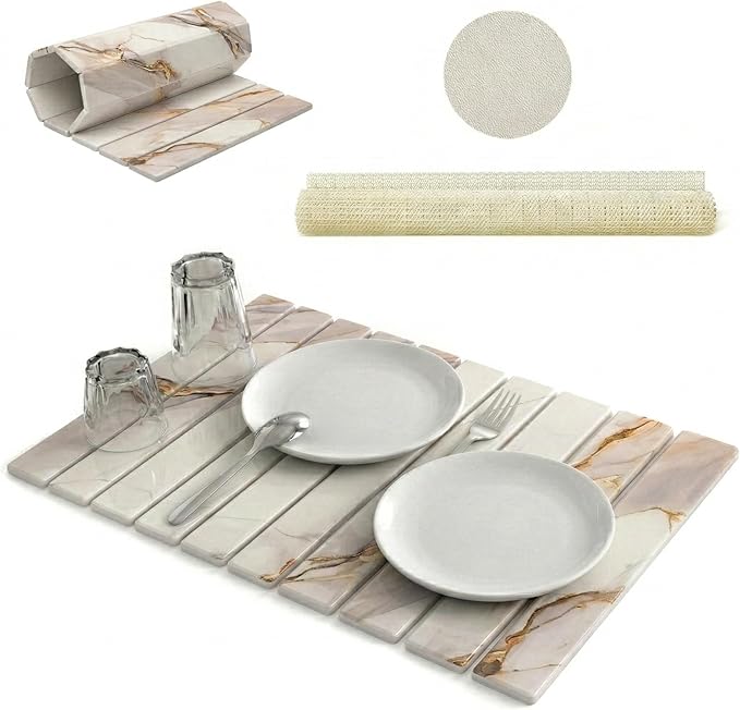 Large Stone Dish Drying Mat for Kitchen Counter 24(L)×16(W) – in Super Absorbent Diatomaceous Earth Drying Stone Quick-Dry &amp Collapsible for Dishes Bottles &amp Cups (White &amp Gold)