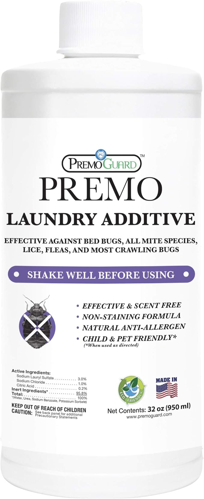 Bed Bug &amp Mite Laundry Detergent Additive by Premo Guard – 32 oz – Child &amp Pet Friendly – Stain &amp Odor Free – Best Natural Non-Toxin Treatment