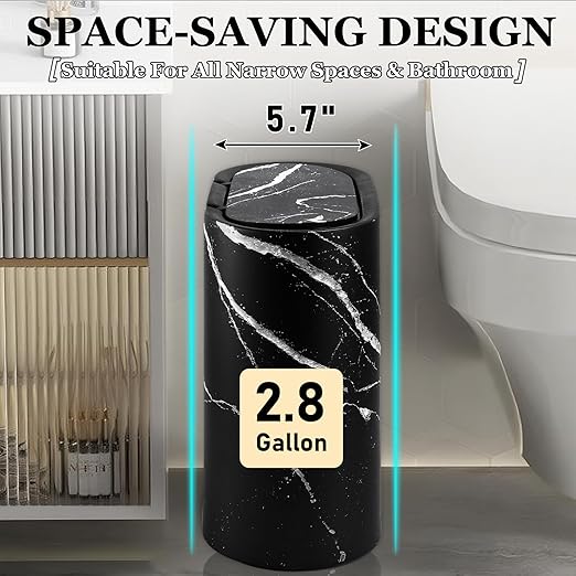 Small Bathroom Trash Can with Lid Press Top 2.8 Gallon Black Slim Plastic Garbage Can with Pop-Up Lid Mini Desktop Trash Can Toilet Brush Holder and 135 Count Various Size Trash Bags