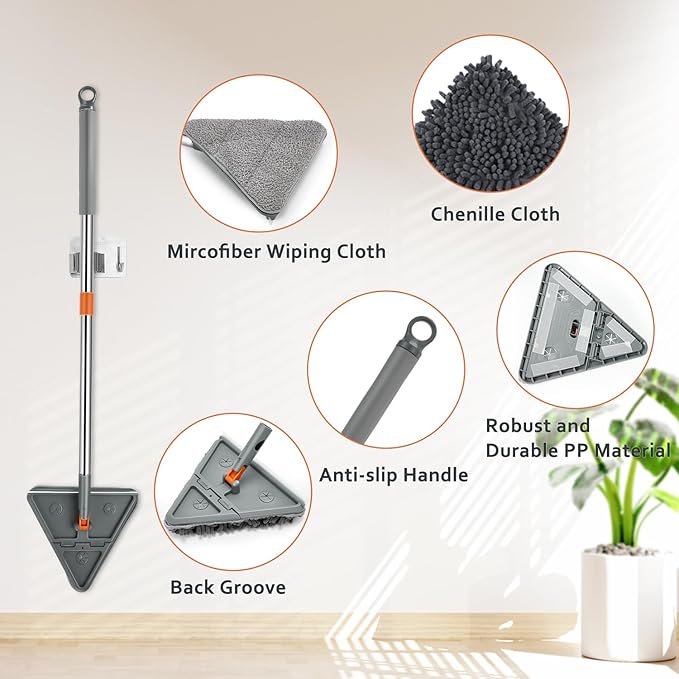 Base Board Cleaner Tool with Handle360°Rotating Wall Cleaner Mop180° Folding Ceiling Tool Duster with Squeegee for Cleaning Wall Ceiling WindowFloor8 Replacement Cleaning Pads