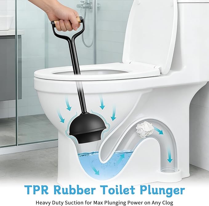 Sellemer Toilet Brush and Plunger Set Curved Design Head for Deep Cleaning Heavy Duty Toilet Bowl Brush and Plunger Combo with Holder for Bathroom Cleaning Black 1 Pack
