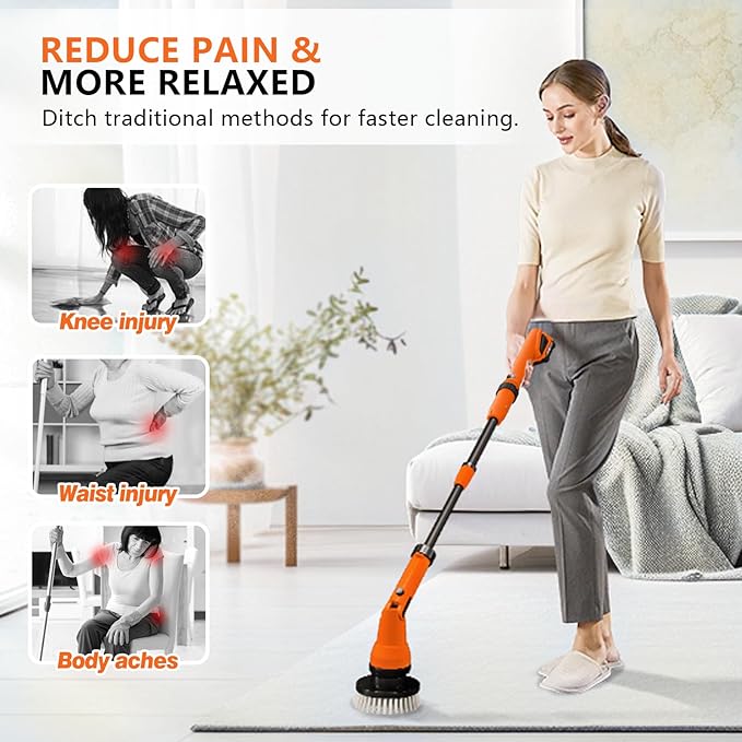 2 Battery Electric Spin Scrubber 1000RPM Cordless Cleaning Brush Waterproof with 20V Power Supplied Adjustable Extension Handle 4 Replaceable Cleaning Heads Hook Gloves - for Tub/Tile/Wall/Floor