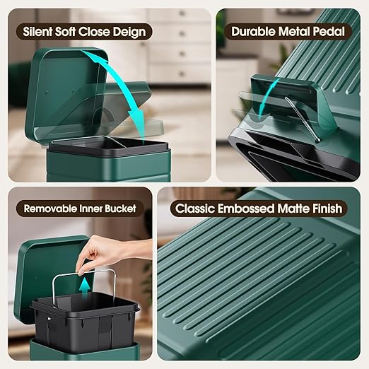 CEROELDA Small Trash Can with Lid-5L/1.3 GalStainless Steel Outdoor Dog Poop Garbage Can-Farmhouse Retro Metal Waste Bin w/Step Pedal for Bathroom Bedroom Office-Soft Close-Green