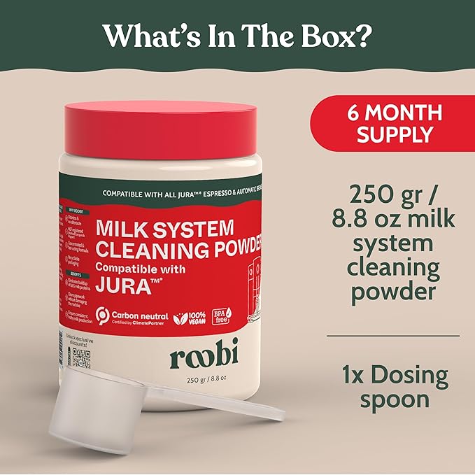 Roobi Compatible Milk System Cleaning Powder for Jura. Specially formulated for Jura Automatic Espresso Coffee Machines. 100% Vegan Carbon Neutral.