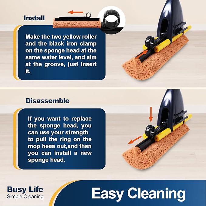 Yocada Sponge Mop Home Commercial Use Tile Floor Bathroom Garage Cleaning with Squeegee and Extendable Telescopic Long Handle 42-52 Inches Easily Dry Wringing