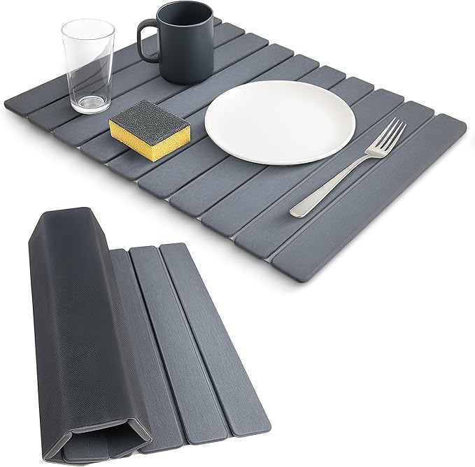 Large Stone Dish Drying Mats for Kitchen Counter  Quick Dry Absorbent Collapsible Dish Drying Mat With Rubber Sole 23.4”(L)x15.4”(W) Diatomaceous Earth Mats for Dishes Bottles Cups