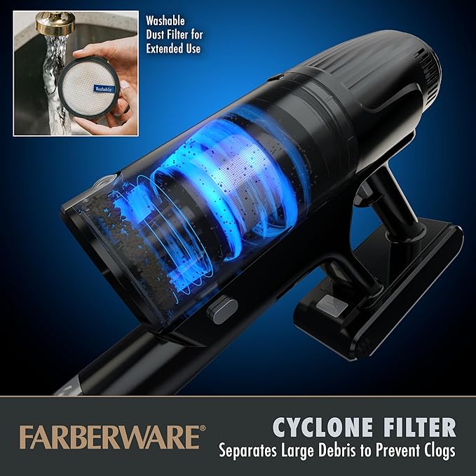 Farberware Cordless Elite Stick Vacuum Cleaner Powerful Suction 3 Speeds for Carpet and Hard Floors Handheld Vacuum for Pet Hair LED Screen